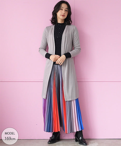 ニット×シフォン切替ロングカーディガン 06-2896
