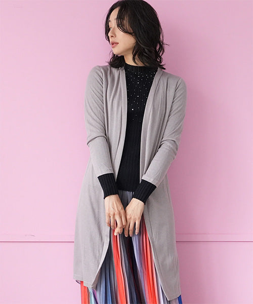 ニット×シフォン切替ロングカーディガン 06-2896