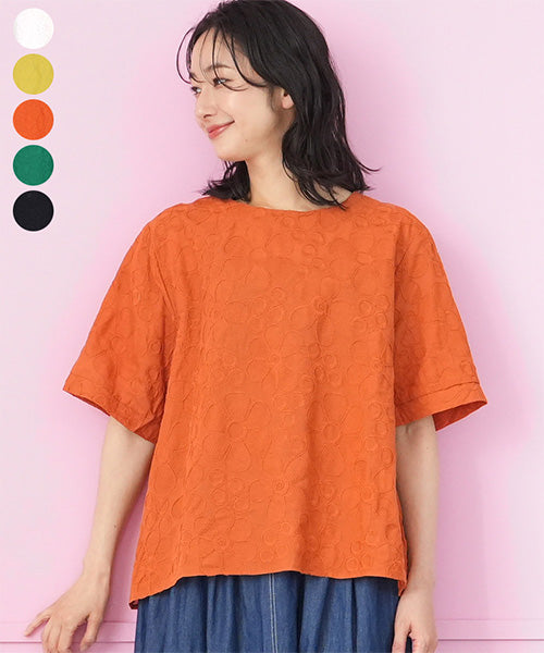 綿100％花柄刺繍ショート丈プルオーバーブラウス