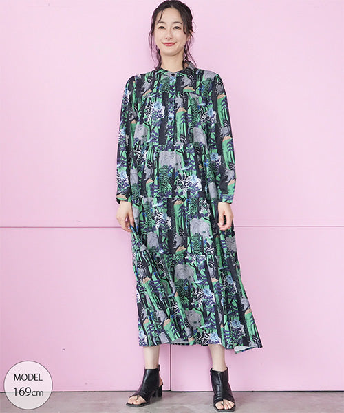 バンドカラーマキシ丈ティアードフレアーワンピース 06-3065