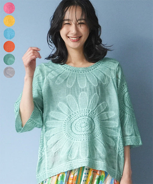 【新色登場！】ラウンドネックレース刺繍ショート丈プルオーバーブラウス 06-3085