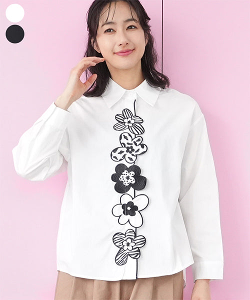 綿100％花モチーフ刺繍ワイドシルエットシャツブラウス 06-3100