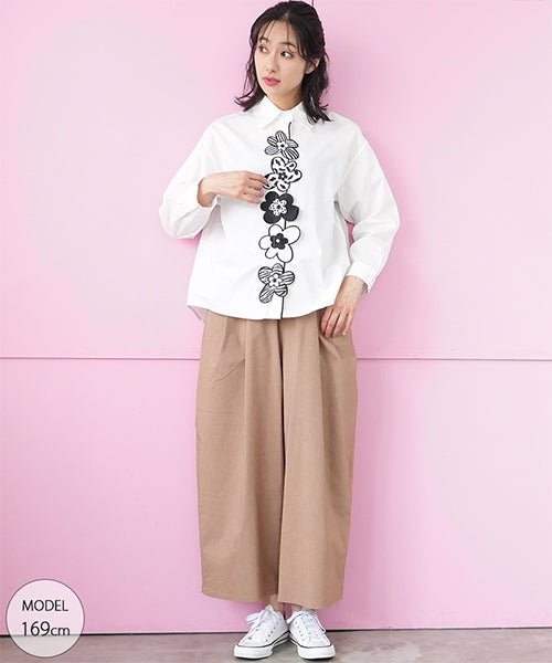 綿100％花モチーフ刺繍ワイドシルエットシャツブラウス 06-3100