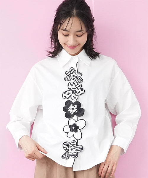 綿100％花モチーフ刺繍ワイドシルエットシャツブラウス 06-3100