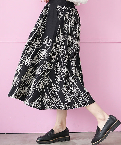 ウエストゴムフラワー刺繍フレアスカート 06-3108