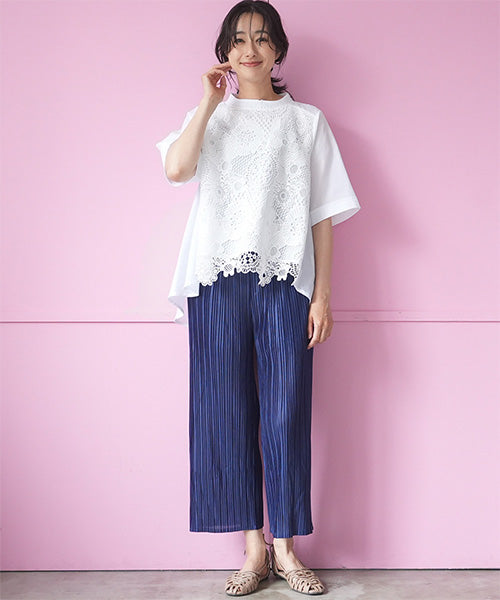 ウエストゴムプリーツ加工7分丈セミワイドパンツ 06-3177