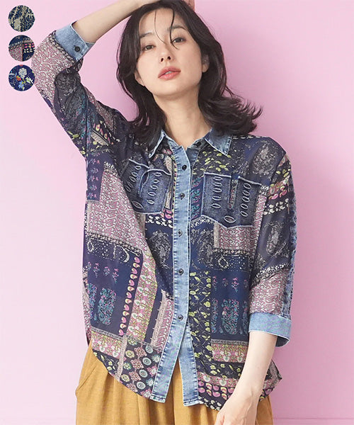 シアーシフォン×デニム使い7分袖前開きシャツブラウス