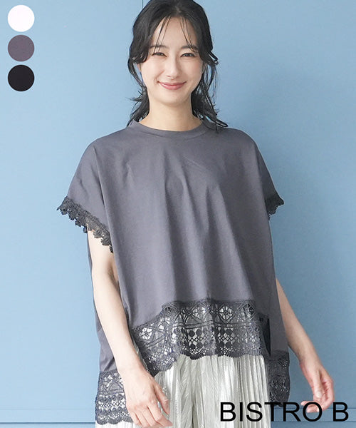 レース刺繍切替フレンチスリーブTシャツカットソー 06-3207