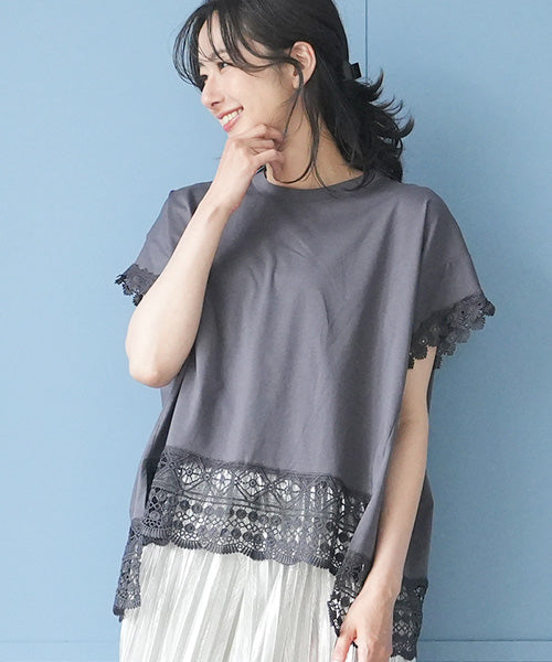 レース刺繍切替フレンチスリーブTシャツカットソー 06-3207