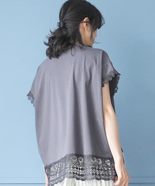 レース刺繍切替フレンチスリーブTシャツカットソー 06-3207