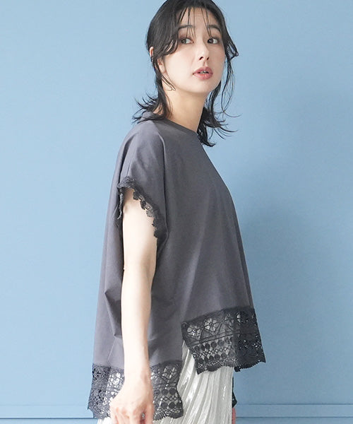 レース刺繍切替フレンチスリーブTシャツカットソー 06-3207