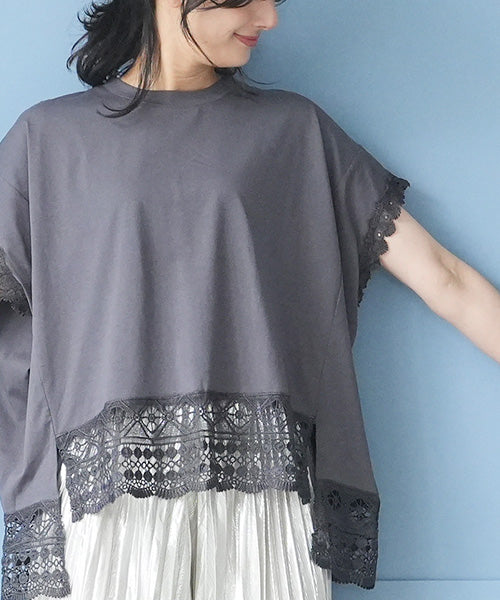 レース刺繍切替フレンチスリーブTシャツカットソー 06-3207