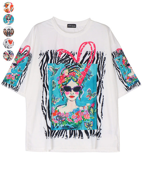 イラストプリントビジュー付き5分袖Tシャツカットソー 06-3224