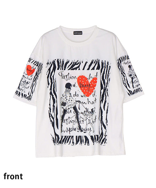 イラストプリントビジュー付き5分袖Tシャツカットソー 06-3224