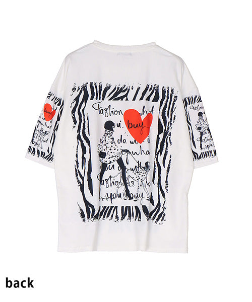 イラストプリントビジュー付き5分袖Tシャツカットソー 06-3224