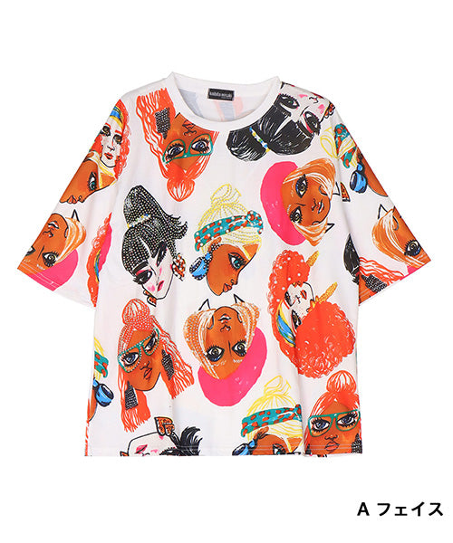 イラストプリントビジュー付き5分袖Tシャツカットソー 06-3224