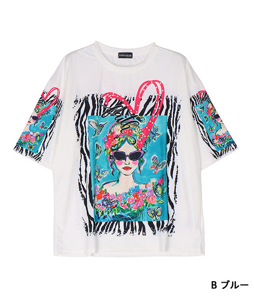 イラストプリントビジュー付き5分袖Tシャツカットソー 06-3224