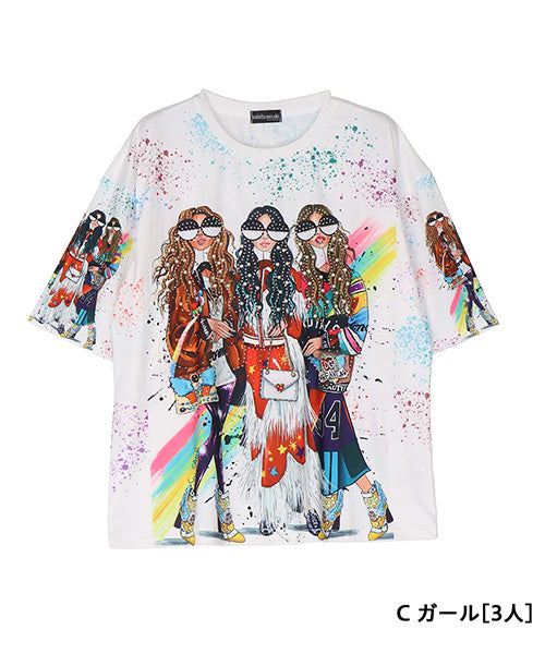イラストプリントビジュー付き5分袖Tシャツカットソー 06-3224