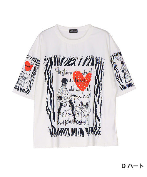 イラストプリントビジュー付き5分袖Tシャツカットソー 06-3224