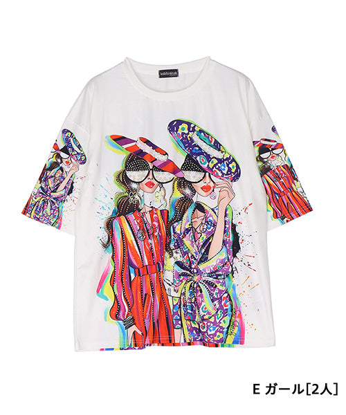 イラストプリントビジュー付き5分袖Tシャツカットソー 06-3224