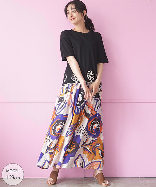 裾スカラップ花刺繍半袖Tシャツカットソー 06-3225