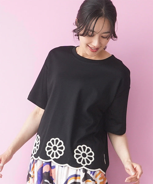 裾スカラップ花刺繍半袖Tシャツカットソー 06-3225