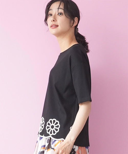 裾スカラップ花刺繍半袖Tシャツカットソー 06-3225