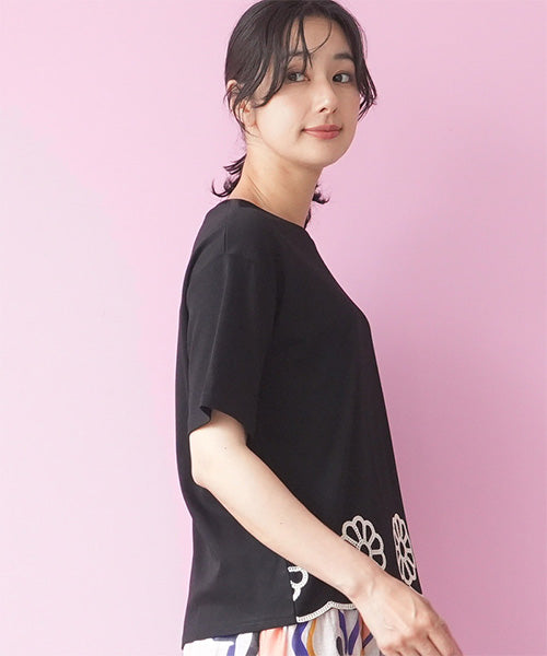 裾スカラップ花刺繍半袖Tシャツカットソー 06-3225