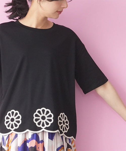 裾スカラップ花刺繍半袖Tシャツカットソー 06-3225
