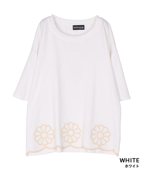 裾スカラップ花刺繍半袖Tシャツカットソー 06-3225