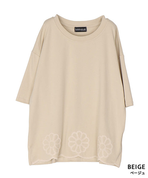 裾スカラップ花刺繍半袖Tシャツカットソー 06-3225