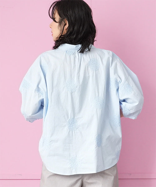 綿100％サークル刺繍6分袖オーバーサイズブラウス 33-0501