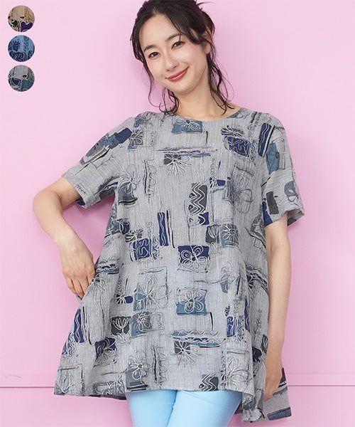 アートプリントフラワー刺繍Aラインチュニック 33-0505