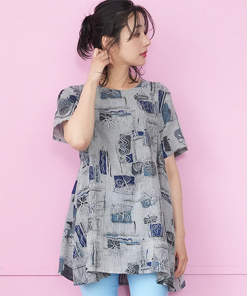 アートプリントフラワー刺繍Aラインチュニック 33-0505