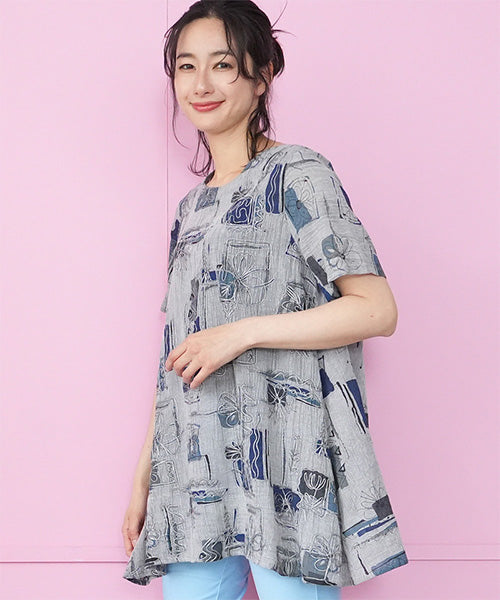 アートプリントフラワー刺繍Aラインチュニック 33-0505