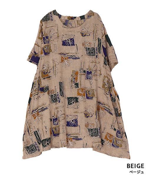 アートプリントフラワー刺繍Aラインチュニック 33-0505