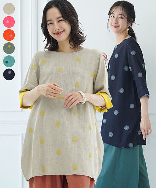 【再入荷&新色登場】リネン混ドット刺繍6分袖コクーンチュニック 36-0848