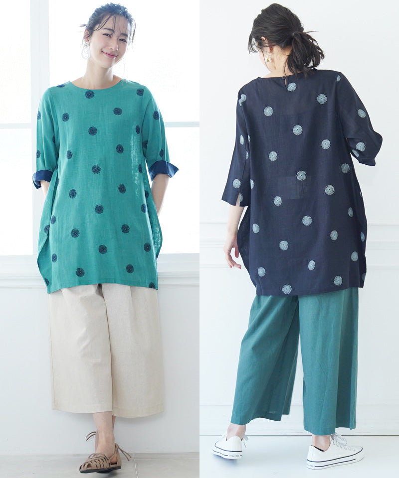 【再入荷&新色登場】リネン混ドット刺繍6分袖コクーンチュニック 36-0848