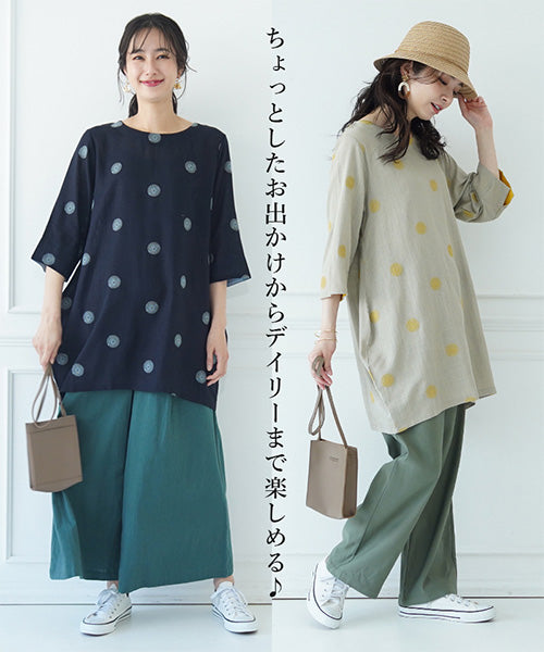 【再入荷&新色登場】リネン混ドット刺繍6分袖コクーンチュニック 36-0848