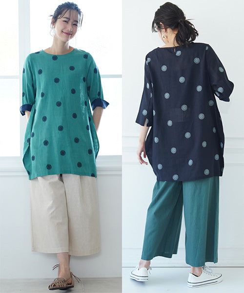 【再入荷&新色登場】リネン混ドット刺繍6分袖コクーンチュニック 36-0848
