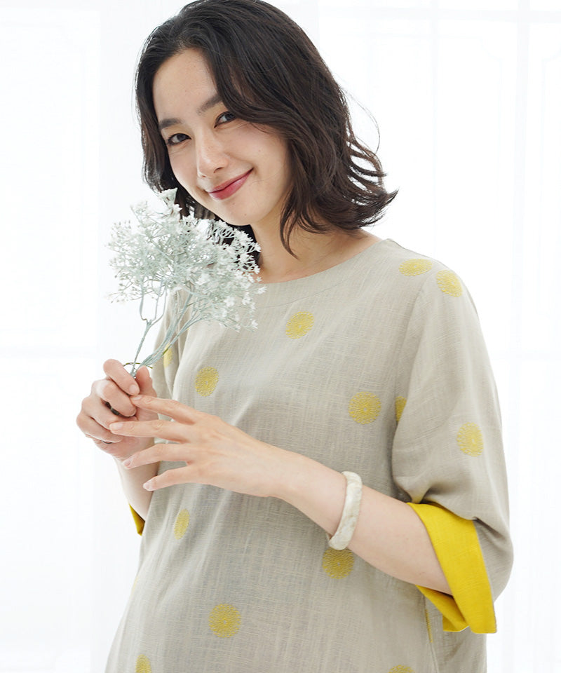 【再入荷&新色登場】リネン混ドット刺繍6分袖コクーンチュニック 36-0848