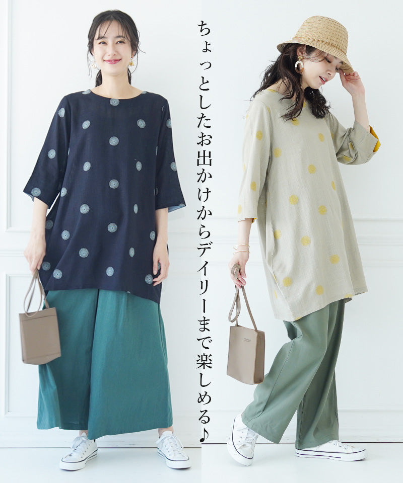【再入荷&新色登場】リネン混ドット刺繍6分袖コクーンチュニック 36-0848