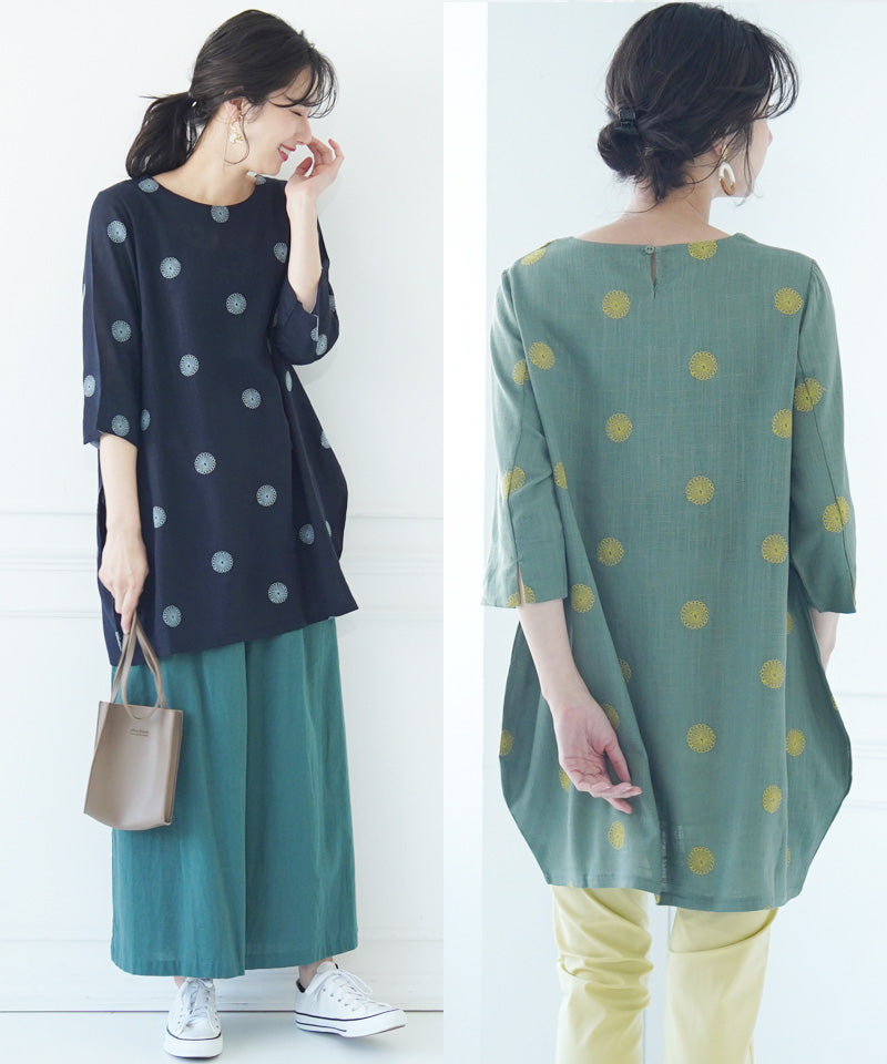 【再入荷&新色登場】リネン混ドット刺繍6分袖コクーンチュニック 36-0848