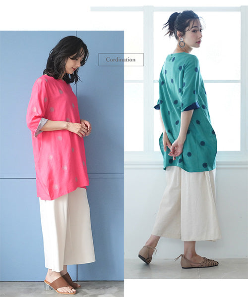 【再入荷&新色登場】リネン混ドット刺繍6分袖コクーンチュニック 36-0848
