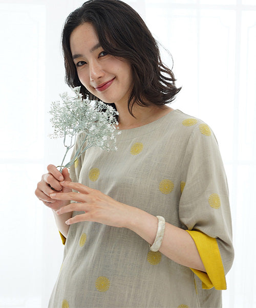 【再入荷&新色登場】リネン混ドット刺繍6分袖コクーンチュニック 36-0848