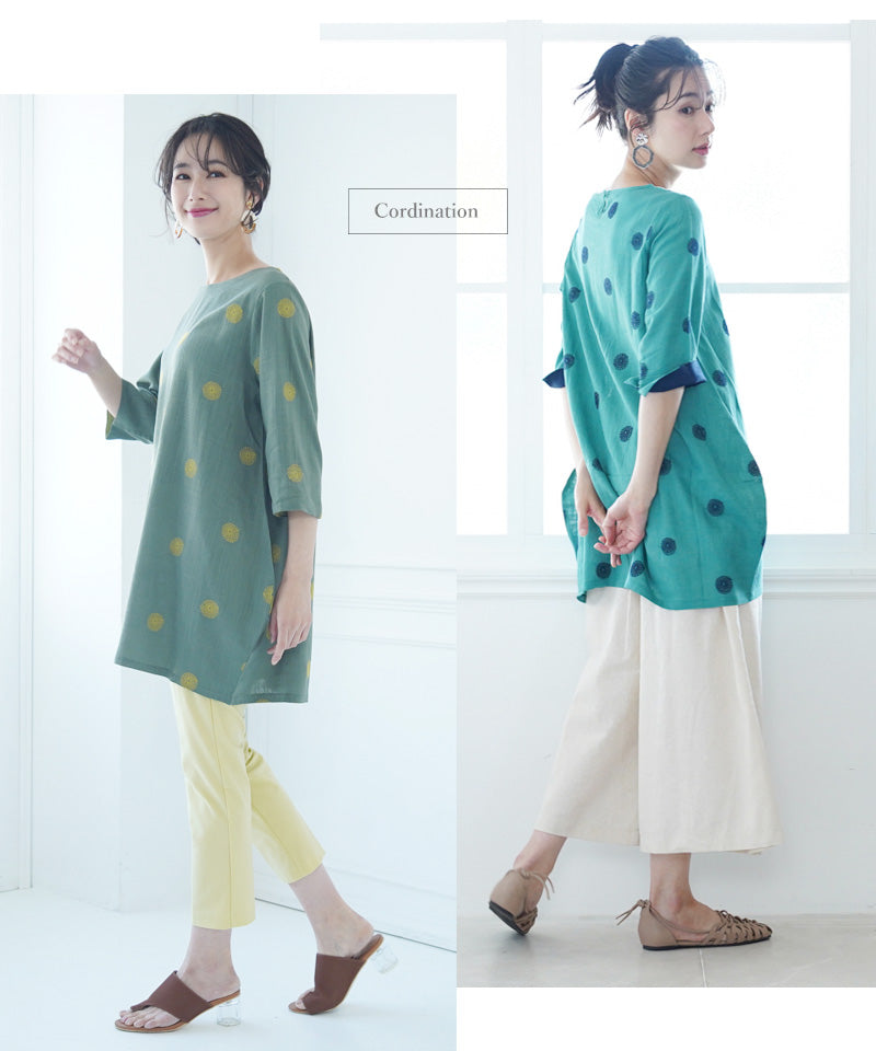 【再入荷&新色登場】リネン混ドット刺繍6分袖コクーンチュニック 36-0848