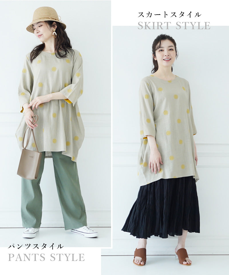 【再入荷&新色登場】リネン混ドット刺繍6分袖コクーンチュニック 36-0848