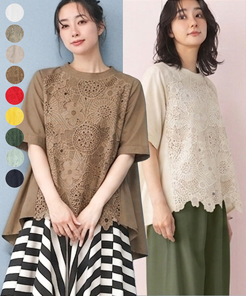 【再入荷&新色登場】花レース5分袖バンドカラーフレアワイドブラウス 36-1129