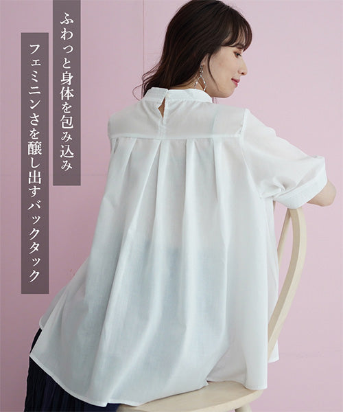 【再入荷&新色登場】花レース5分袖バンドカラーフレアワイドブラウス 36-1129