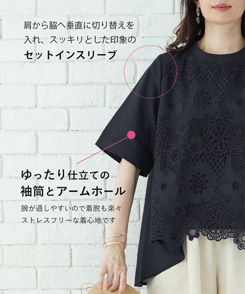 【再入荷&新色登場】花レース5分袖バンドカラーフレアワイドブラウス 36-1129